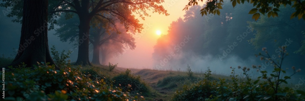 Soft focus with wispy fog in misty forest at dawn, fog, serene, misty forest