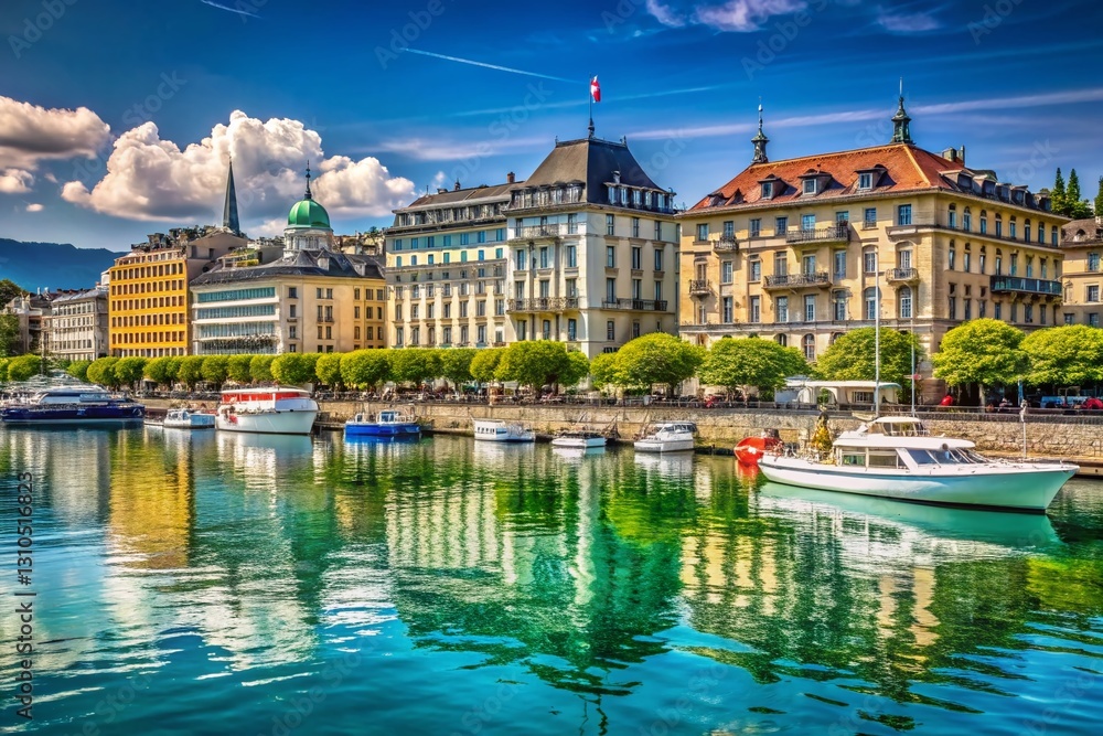 Obraz premium Geneva Waterfront Cityscape, Switzerland - June 20, 2018 - Stunning High-Resolution Stock Photo