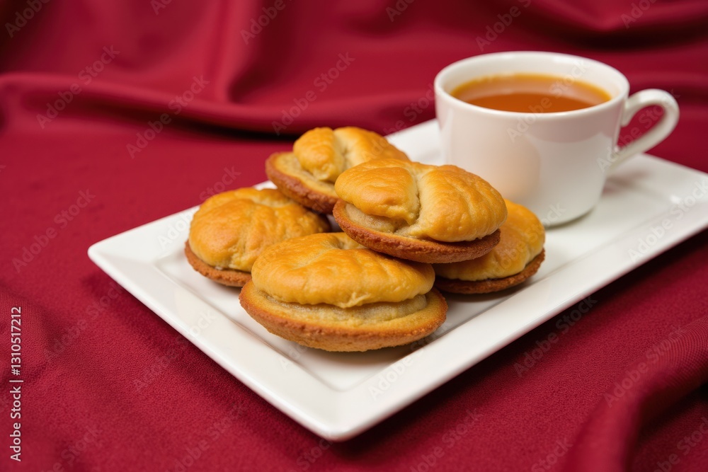 Freshly Baked Pastry Buns Accompanied by a Warm Cup of Herbal Tea on a Plate Against a Rich Red Fabric Background Freshly Baked Pastry Buns Accompanied by a Warm Cup of Herbal Tea on a Plate Against a Rich Red Fabric Background