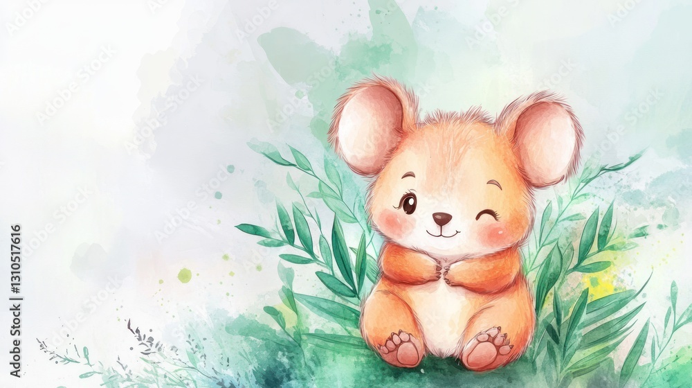 Fototapeta premium A Cute Cartoon Bear With Greenery And A Smiling Face