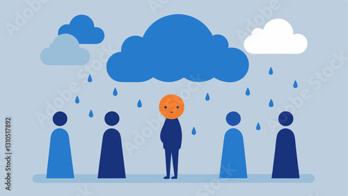 Sunshine and Raincloud A figure under a raincloud looking gloomy while a group of figures nearby enjoy the sunshine conveying the impact of social isolation on mood.