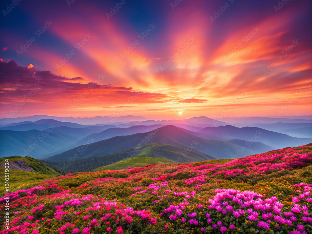Fototapeta premium sunset in the mountains. sunset, landscape, sky, nature, mountain, sun, sunrise, field, summer, cloud, flower, mountains, meadow, grass, beauty, beautiful, sunlight, morning, spring, clouds, light, co