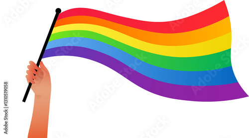 Illustration of hand holding rainbow flag represent pride month celebration