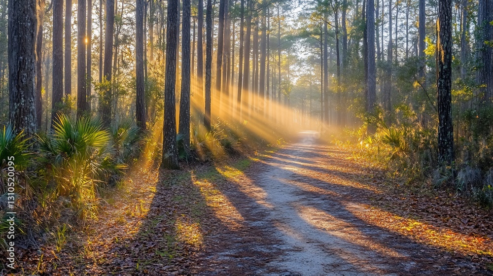 Naklejka premium Sunbeams Illuminate Forest Path at Dawn