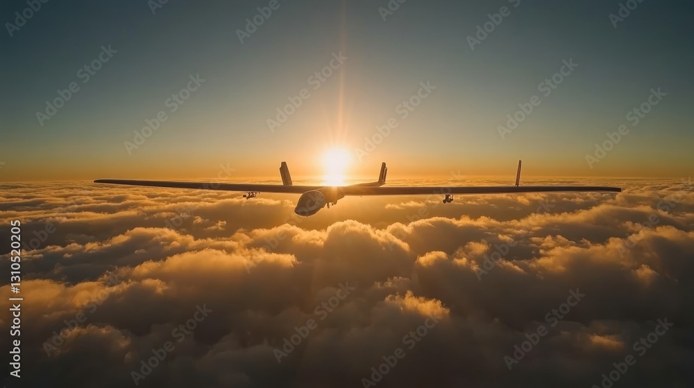 Solar-powered drone above clouds at sunset