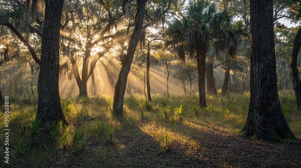 Fototapeta premium Sunbeams pierce misty forest at dawn (3)