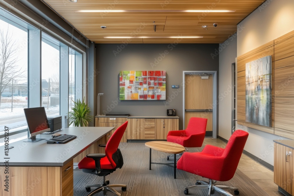 Fototapeta premium Modern office space with natural light, comfortable seating, and a colorful abstract artwork.
