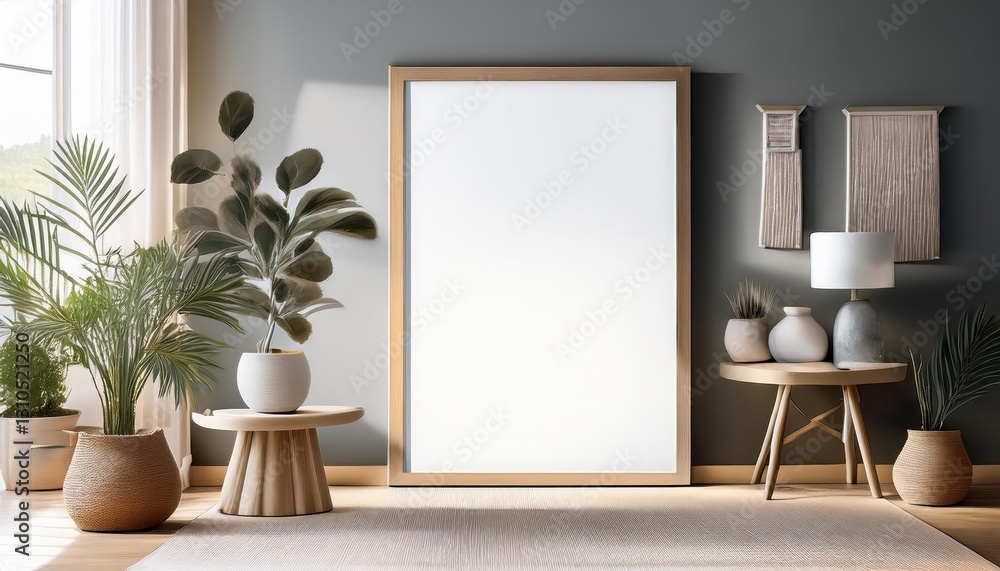 3D Rendered Modern Interior with Artistic Poster Frame Mockup Set Against a Chic, Neutral Backdrop in a Stylish Living Space 3D Rendered Modern Interior with Artistic Poster Frame Mockup Set Against a Chic, Neutral Backdrop in a Stylish Living Space