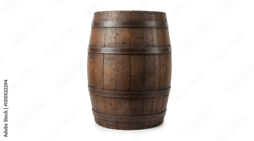 Fototapeta premium Rustic Wooden Barrel with Metal Hoops Isolated on White Background