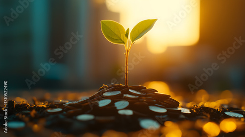 Growing Wealth Concept: Plant Sprouting from Coins Against a Bokeh Background