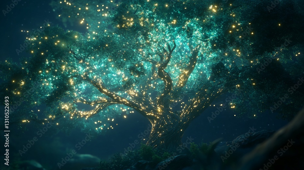 Fototapeta premium Enchanted Tree with Glowing Lights at Night Mystical Forest Scene