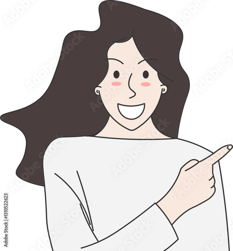 Surprised and Smiling Woman Pointing with Expression of Joy and Enthusiasm
