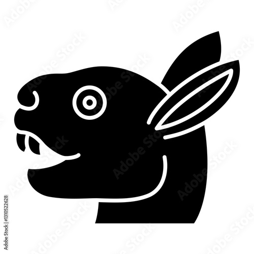 Stylized head of a hare or rabbit. Ethnic Native American animal design from Mexican codex. Black and white silhouette.