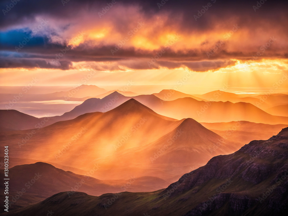 Naklejka premium sunset in the mountains. sunset, sky, mountain, landscape, sunrise, sun, nature, mountains, clouds, cloud, orange, desert, morning, view, evening, red, dawn, silhouette, dusk, light, fog, travel, sunl