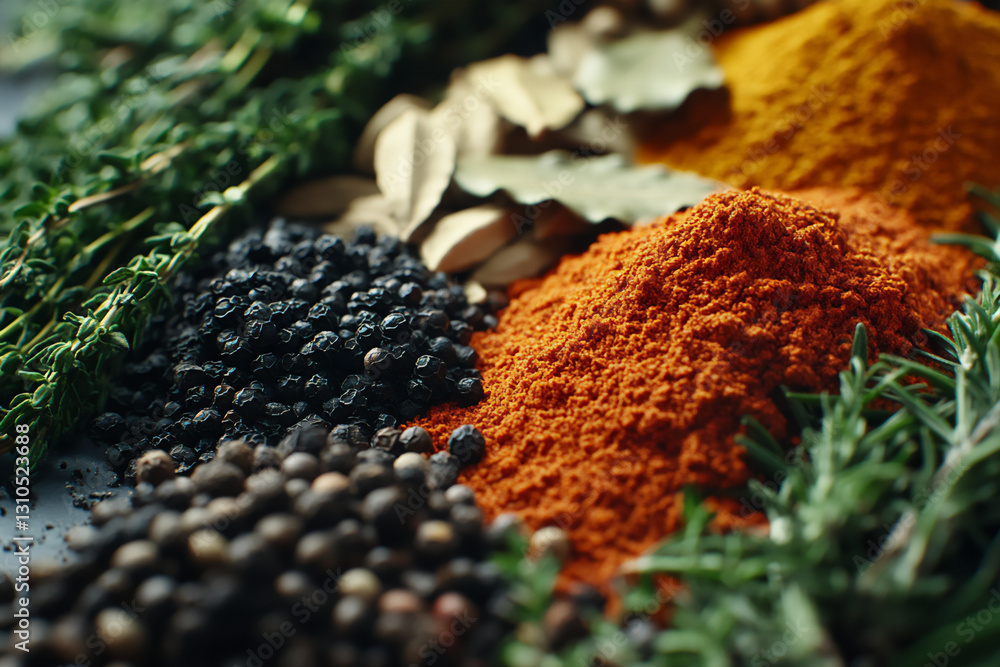 a close-up of various spices and herbs on the table, including c'):. a close-up of various spices and herbs on the table, including c'):.