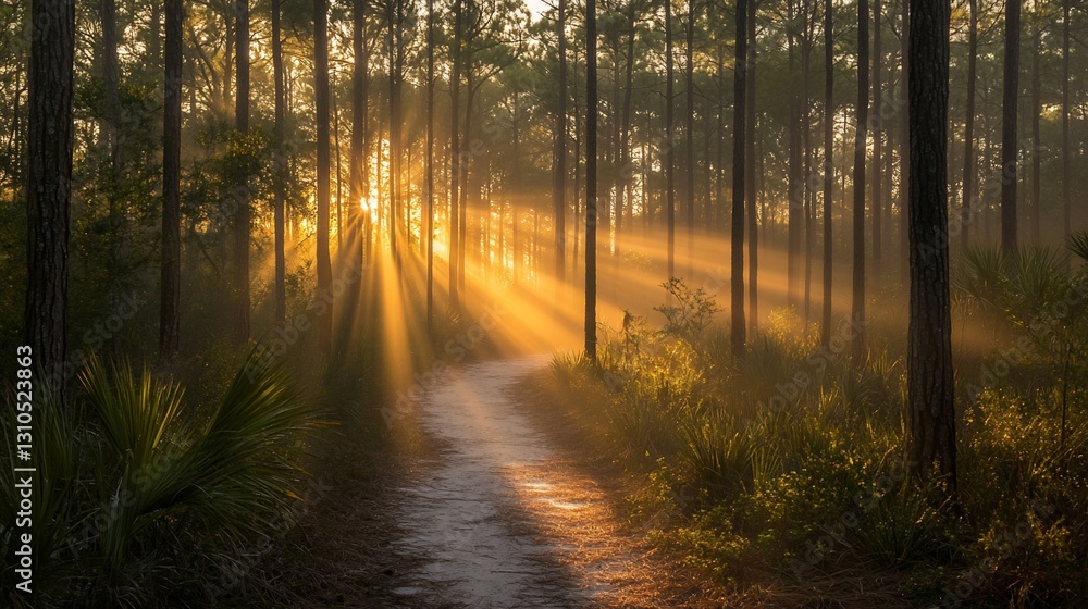 Fototapeta premium Sunrise path through misty pine forest