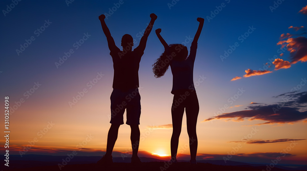 Fototapeta premium Triumphant Woman Celebrates Success Under Bright Blue Sky