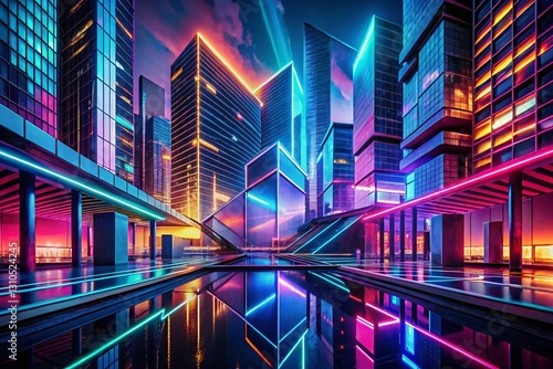 Glowing Neon Cityscape: Abstract Architectural Backdrop for Futuristic Designs