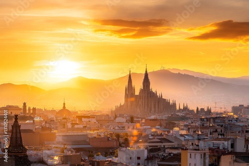 A rooftop view of Barcelona at sunset, with iconic landmarks like the Sagrada FamÃ­lia and Torre GlÃ²ries silhouetted against the golden sky