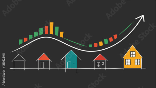 Investment Earning Graph An upwardarching graph on a chalkboard with multiple properties houses apartments illustrated representing the growth in rental income over time.