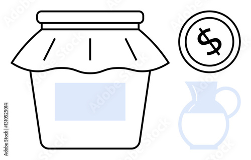 Jar with fabric cover, dollar coin, and jug outline. Ideal for homemade goods, savings, preservation, pricing, sustainability cooking and trade. Flat simple metaphor
