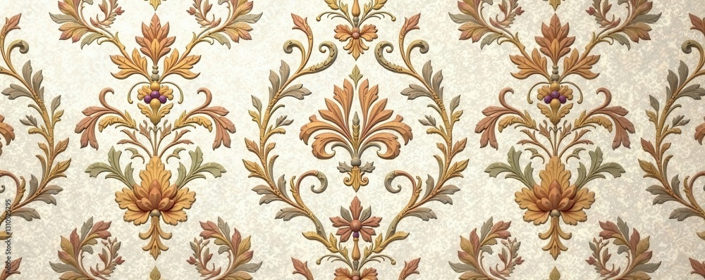 Woven damask pattern with floral motifs in muted colors on a subtle beige background , interior design, flower, home decor Woven damask pattern with floral motifs in muted colors on a subtle beige background , interior design, flower, home decor
