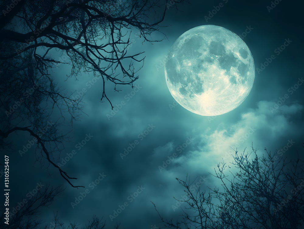 Naklejka premium Mystical Full Moon Illuminates the Night Sky Amongst Silhouetted Branches