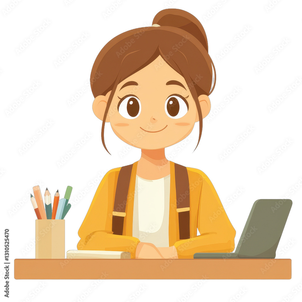 Young woman at desk, cheerful adult with brown hair and colorful attire, focused on laptop with stationery nearby, workspace vibe, copy-space available. Isolated on white background or PNG Young woman at desk, cheerful adult with brown hair and colorful attire, focused on laptop with stationery nearby, workspace vibe, copy-space available. Isolated on white background or PNG