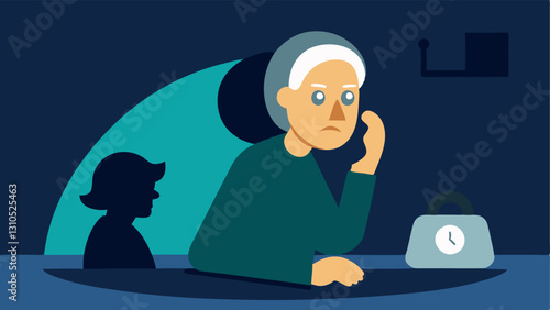 Phone Scammer An illustration of an older adult sitting at a kitchen table receiving a phone call from a shadowy figure with a dollar sign emerging from a phone symbolizing a