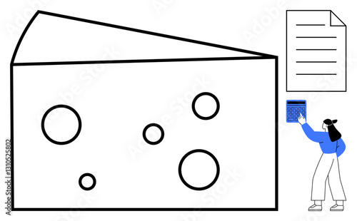 Woman interacts with calculator beside a large cheese block and a paper document. Ideal for analysis, food industry, research, business solutions, problem-solving, strategic thinking, flat simple