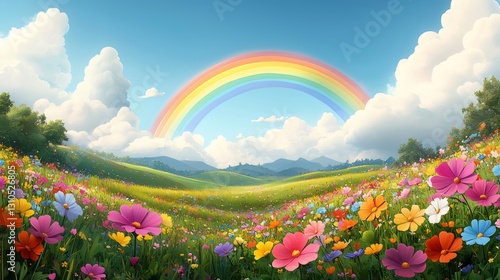 Rainbow over vibrant spring meadow landscape