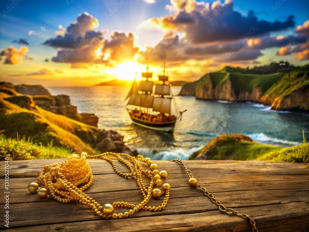 Fototapeta premium Golden Necklace & Miniature Ship: Treasure & Maritime Business Concept