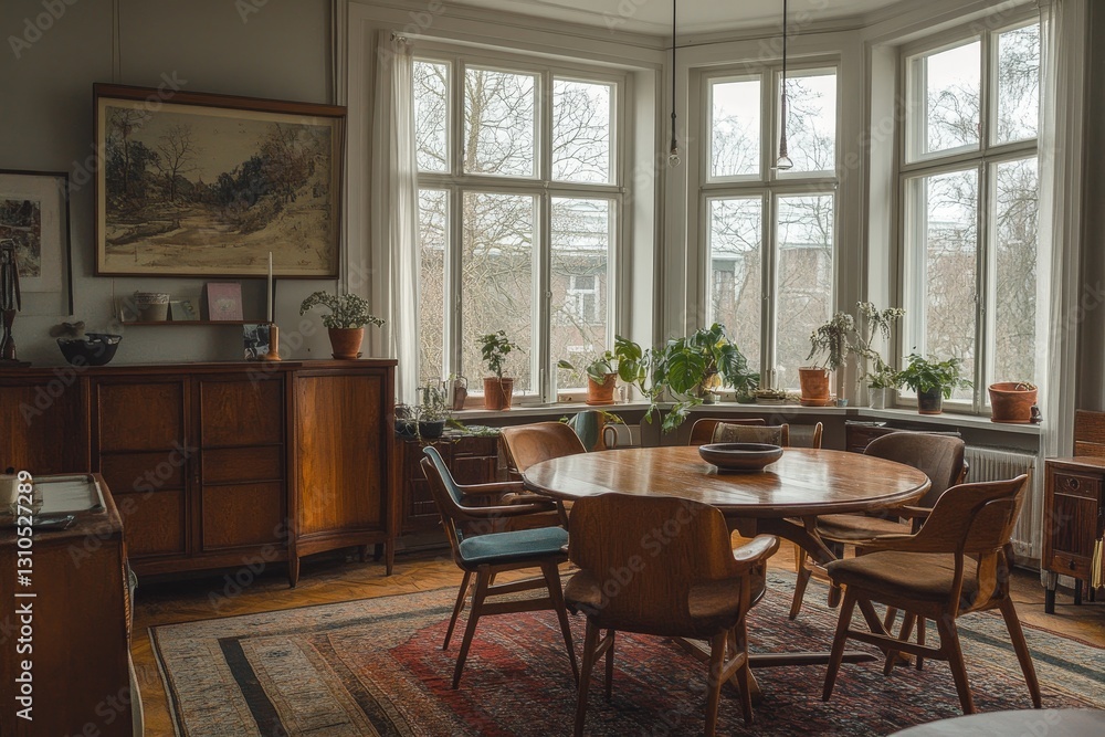 Dining room in a classic style with wooden furniture and plants. Dining room in a classic style with wooden furniture and plants.