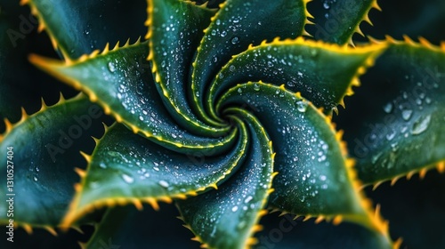 Spiral Aloe Vera Leaves, Water Droplets