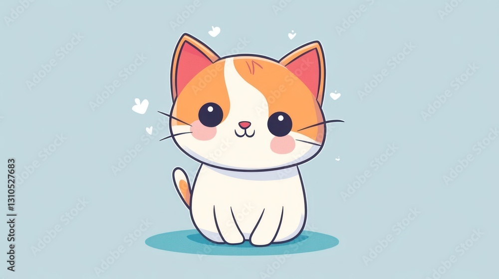 Fototapeta premium A Cute Cartoon Cat With Big Eyes Is Sitting Happily