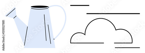 Blue watering can alongside abstract cloud and lines expressing growth, nurturing, sustainability, and balance. Ideal for gardening, environment, self-care, weather, growth minimal art flat simple