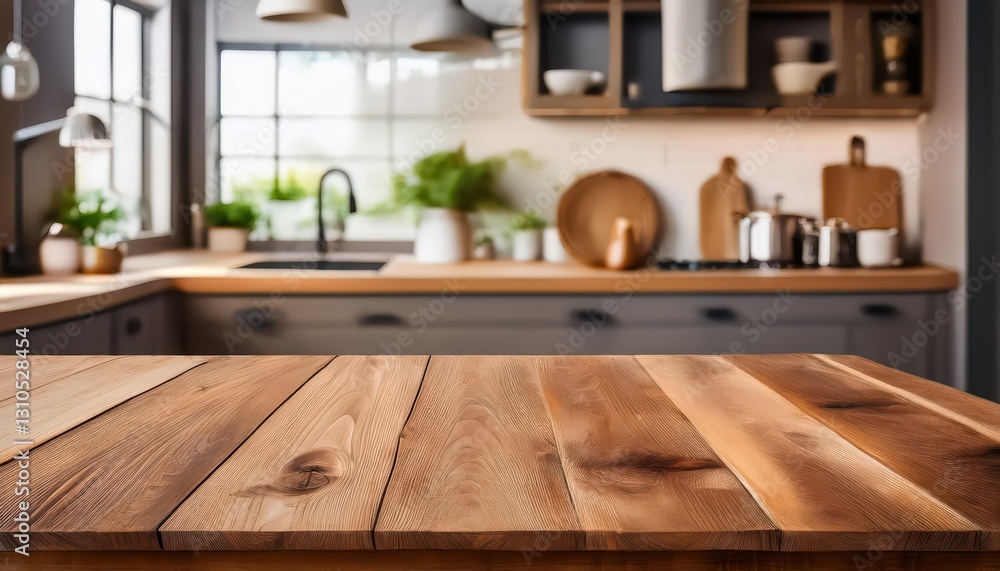 Rustic Wooden Table Top against Blurred Kitchen Background Rustic Charm Meets Modern Minimalism in Cozy Kitchen Scene with Warm Tones and Textured Details Rustic Wooden Table Top against Blurred Kitchen Background Rustic Charm Meets Modern Minimalism in Cozy Kitchen Scene with Warm Tones and Textured Details