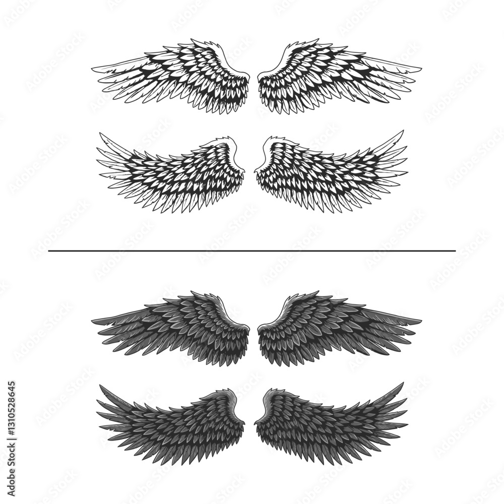 Fototapeta premium set of vector wings – wings vector – Elegant Black and White Angel Wings Illustration – Detailed Feathered Wings