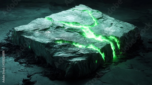 Glowing Green Crack in Dark Gray Stone Cube