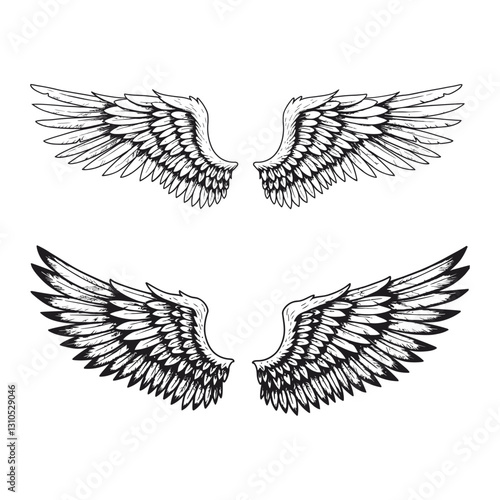 set of vector wings – wings vector – Elegant Black and White Angel Wings Illustration – Detailed Feathered Wings