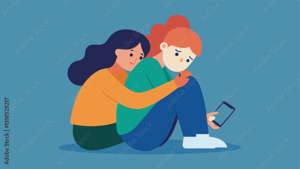 Supportive Friend One figure comforting another who sits with a phone showcasing the importance of friends in combating the effects of online bullying. Supportive Friend One figure comforting another who sits with a phone showcasing the importance of friends in combating the effects of online bullying.