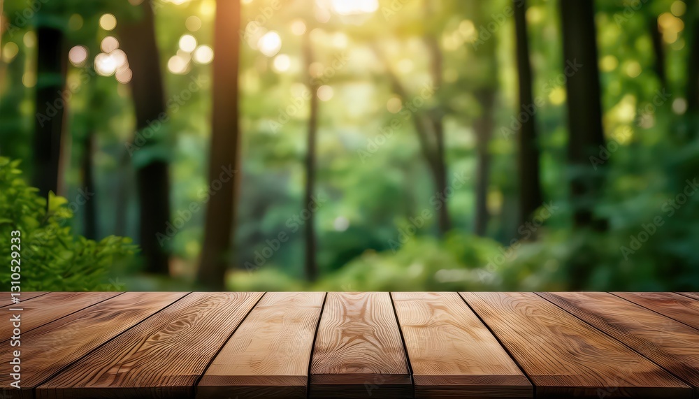 Rustic Wooden Tabletop Amidst a Blurred Lush Green Forest Backdrop Serene Beauty and Natural Elegance in a Picturesque Setting, Ideal for Artistic Displays or Home Decor. Rustic Wooden Tabletop Amidst a Blurred Lush Green Forest Backdrop Serene Beauty and Natural Elegance in a Picturesque Setting, Ideal for Artistic Displays or Home Decor.