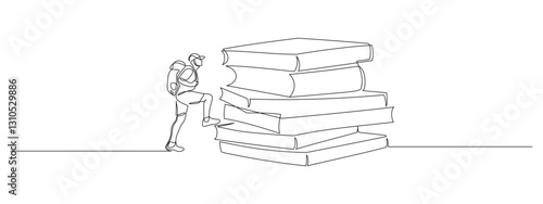 Man climbs the stack of books in one continuous line drawing. Traveler with backpack is hiking in simple linear style. Leadership development Editable stroke. Doodle outline vector illustration