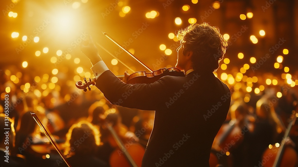 Fototapeta premium Violinist Performing Concert, Candlelit Stage