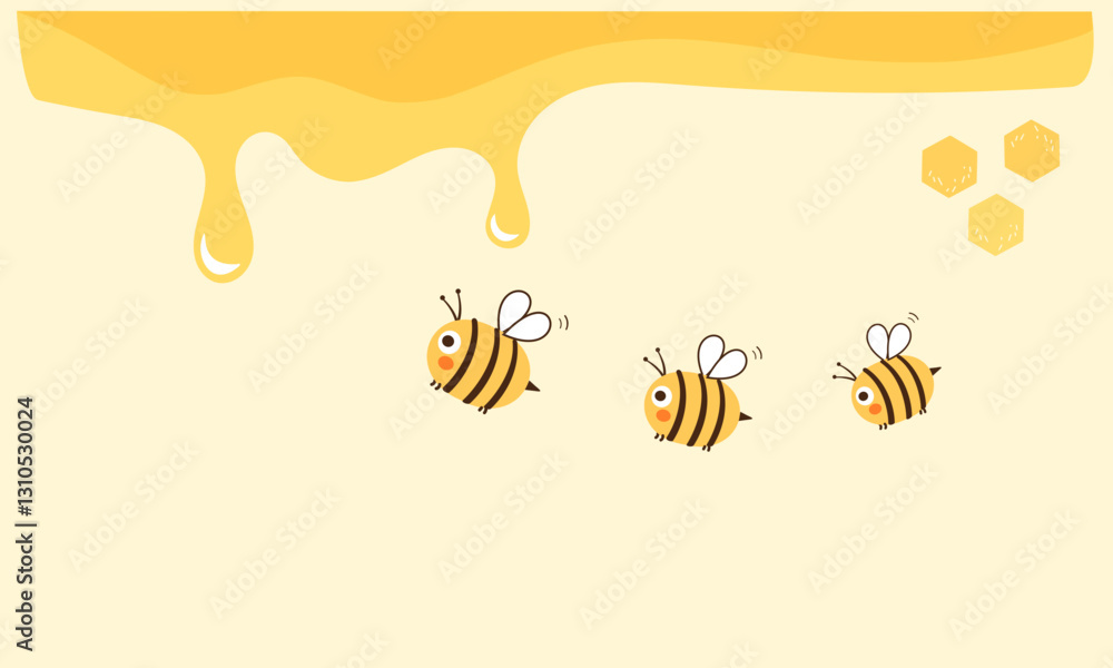 Honey drop sign and bee cartoons on yellow background vector.
