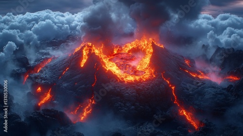 Wallpaper Mural Volcanic Eruption at Night, Fiery Lava Flow Torontodigital.ca