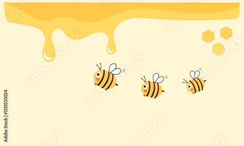 Honey drop sign and bee cartoons on yellow background vector.