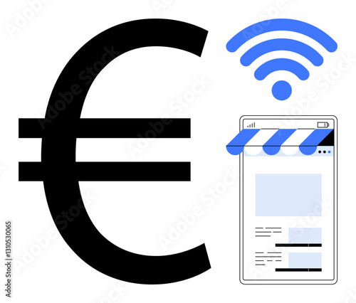 Euro sign next to a tablet showing an online store interface and a wireless signal. Ideal for e-commerce, fintech, online shopping, digital payments, connectivity, mobile commerce, flat simple