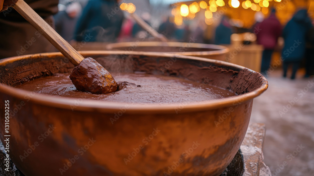 Fototapeta premium Lively Chocolate Preparation at a Festive Market with Steaming Pots and Warm Atmosphere