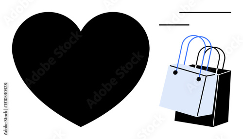 Black heart next to overlapping black and white shopping bags with motion lines. Ideal for love, consumerism, retail therapy, shopping addiction, marketing, e-commerce, emotional spending. Abstract